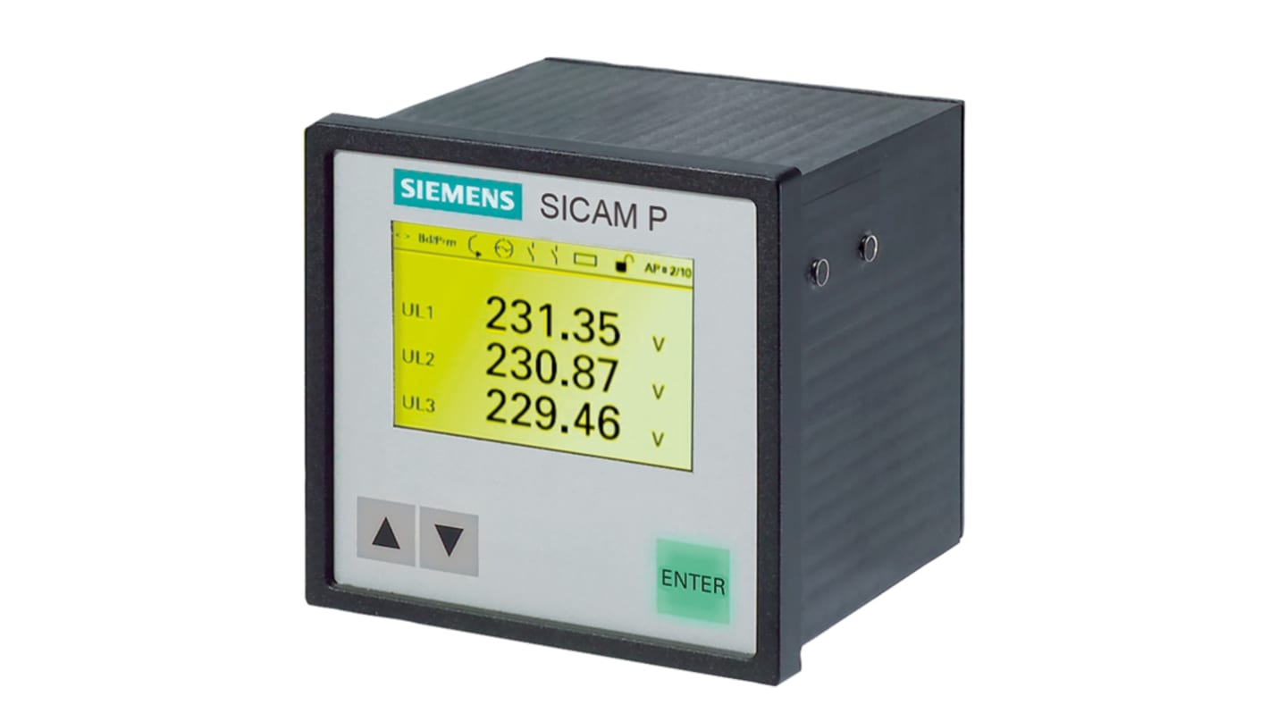 Contatore di energia Siemens 7KG7750-0DA03-0AA1, display grafico, protezione IP41, misurazione potenze e angolo di fase.