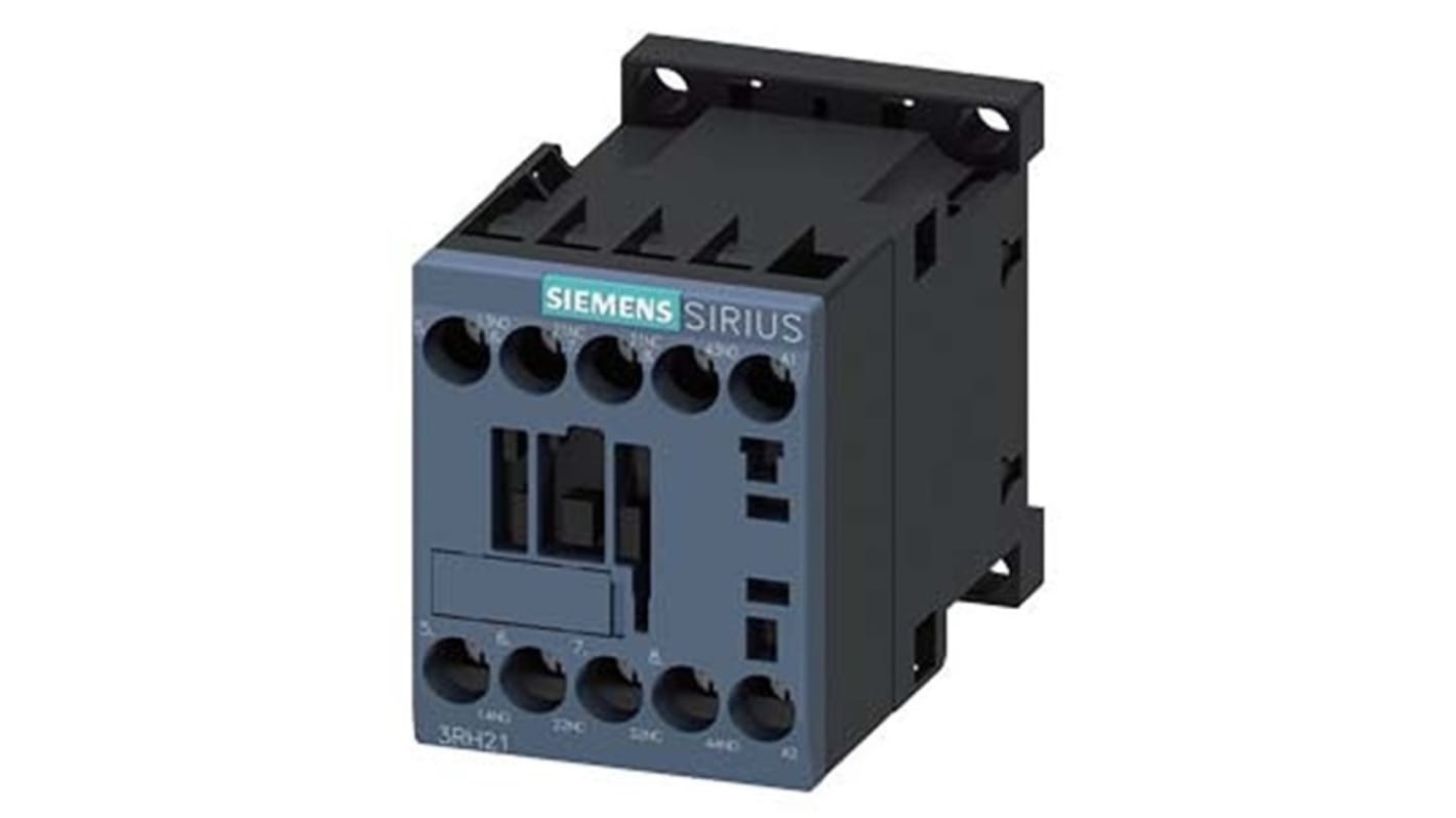 Relè contattore Siemens 3RH2122-1AF00-1AA0, 4 poli, 10 A, bobina 110 V c.a., montaggio su guida DIN, protezione IP20.