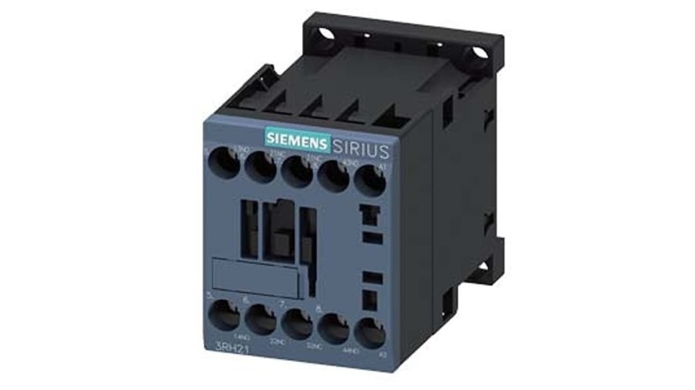Relè contattore Siemens 3RH2122-1AG60, 4 poli, 10 A, bobina 100V c.a., montaggio su guida DIN, protezione IP20.