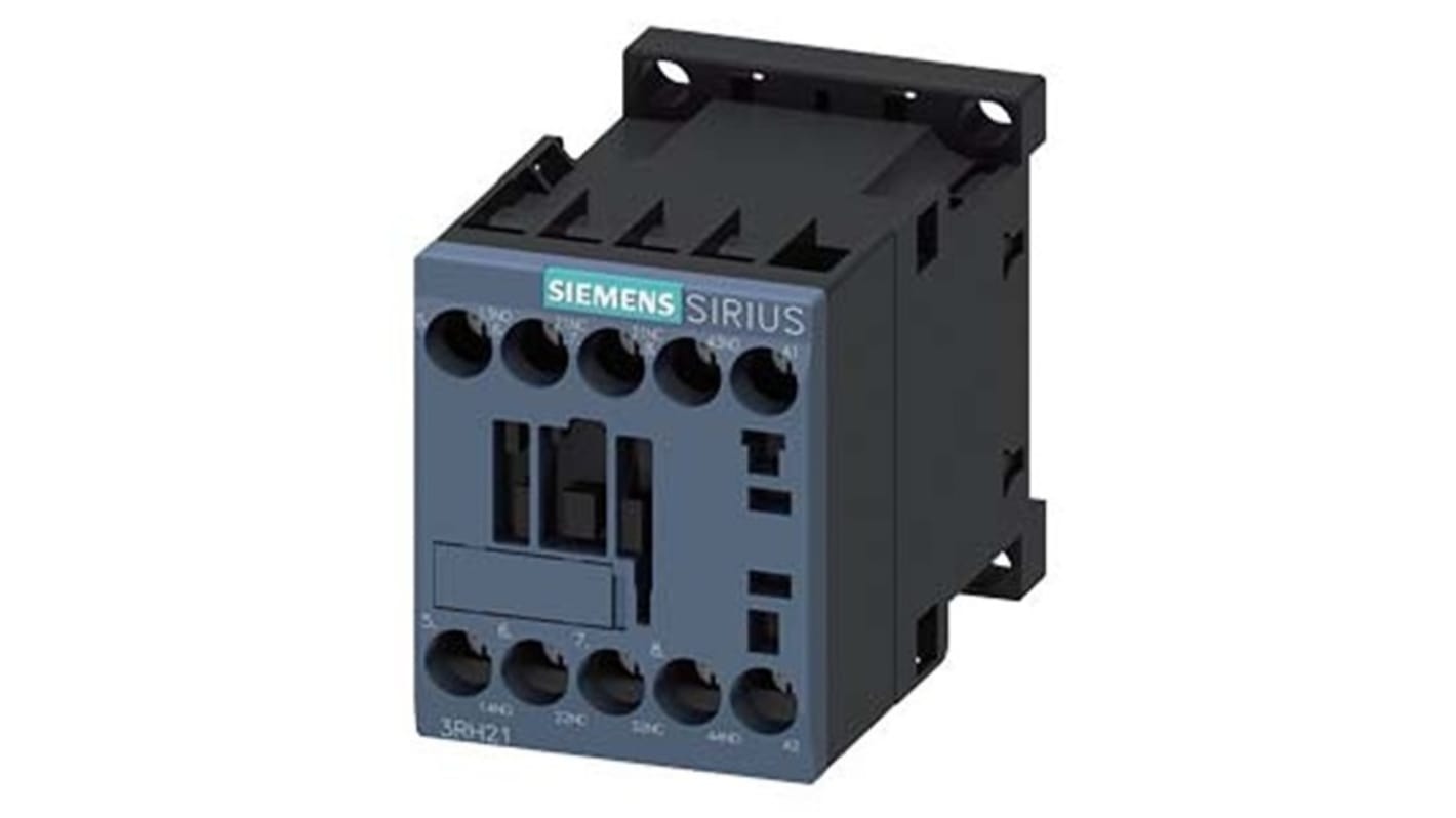 Relè contattore Siemens 3RH2122-1AK20, 4 poli, 2 NO + 2NC, 10 A, montaggio su guida DIN, protezione IP20.