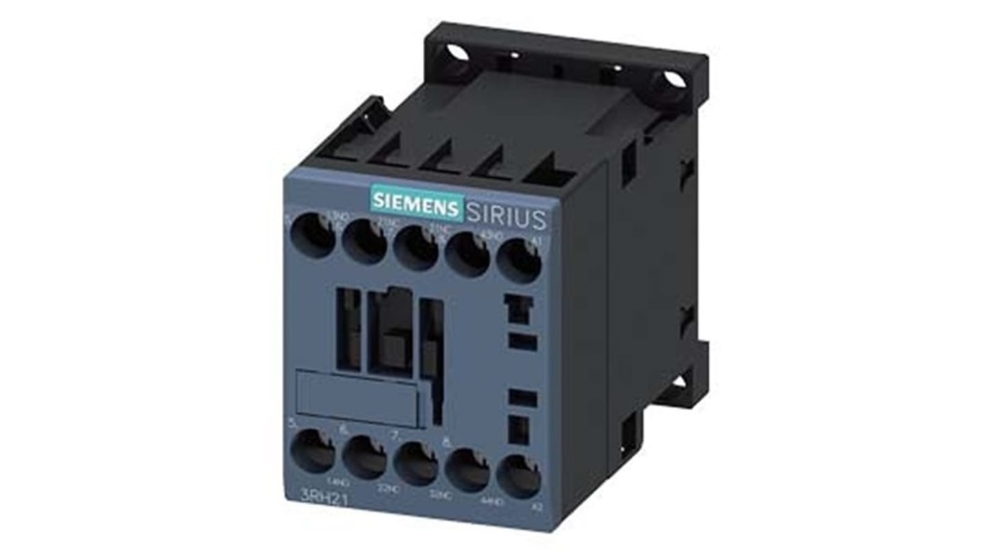 Relè contattore Siemens 3RH2122-1AM20, 4 poli, 10 A, bobina 208 V CA, montaggio su guida DIN, protezione IP20.