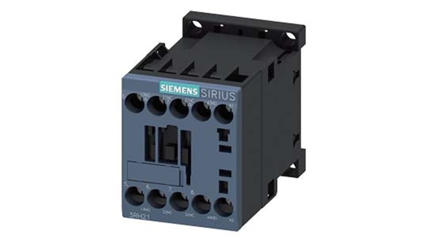 Relè contattore Siemens 3RH2122-1AU60-1AA0, 4 poli, 10 A, bobina 277 V c.a., montaggio su guida DIN, protezione IP20.