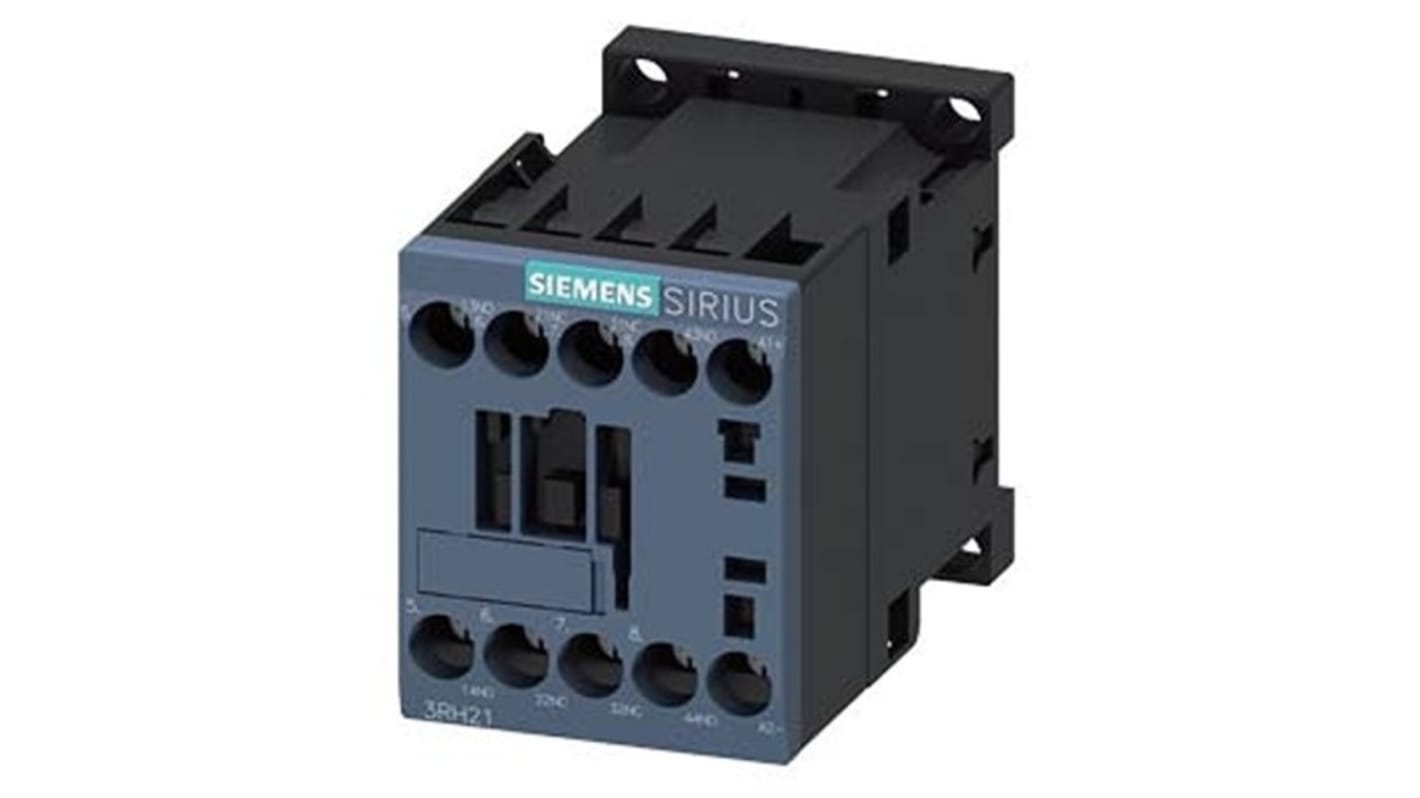 Relè contattore Siemens 3RH2122-1BF40-1AA0, 4 poli, 10 A, bobina 110 V c.c., montaggio su guida DIN, protezione IP20.