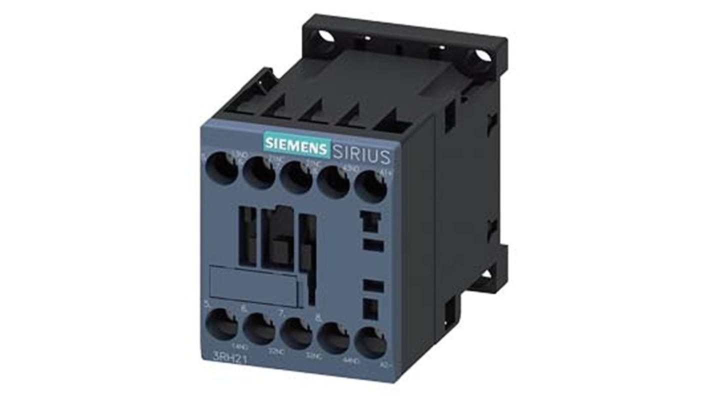 Relè contattore Siemens 3RH2122-1UB40-0KV0, 4 poli, 10 A, bobina 24 V c.c., montaggio su guida DIN, protezione IP20.