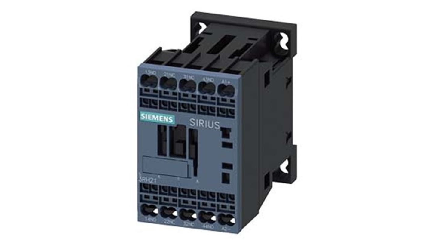Relè contattore Siemens 3RH2122-2BE40, 4 poli, 2 NO + 2NC, 10 A, montaggio su guida DIN, protezione IP20.