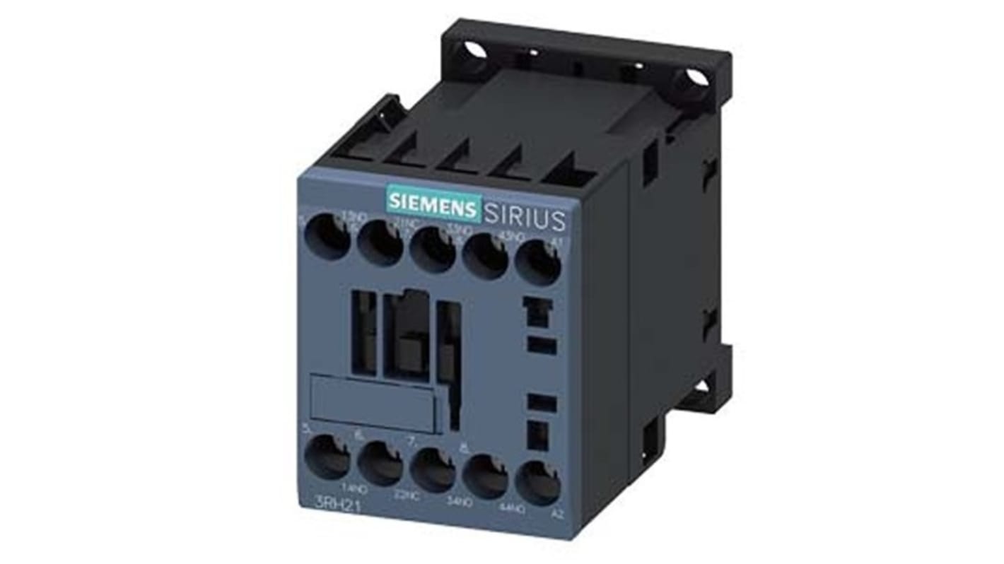Relè contattore Siemens 3RH2131-1AK20, 4 poli, 10 A, montaggio su guida DIN, protezione IP20, tensione 120 V AC.