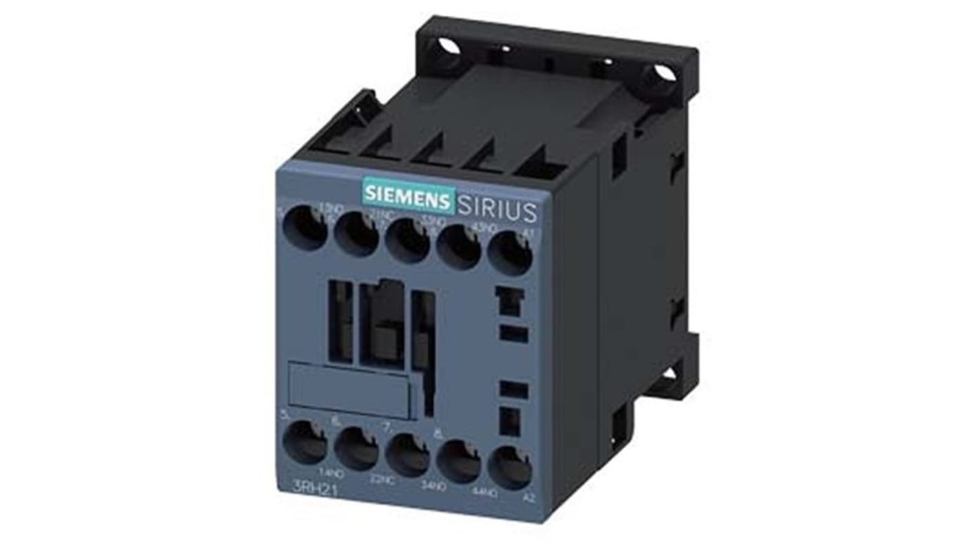 Relè contattore Siemens 3RH2131-1AR60, 4 poli, 10 A, bobina 400 V CA, montaggio su guida DIN, protezione IP20.