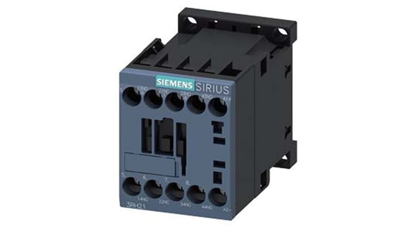 Relè contattore Siemens 3RH2131-1BP40, 4 poli, 10 A, bobina 230 V CC, montaggio su guida DIN, protezione IP20.