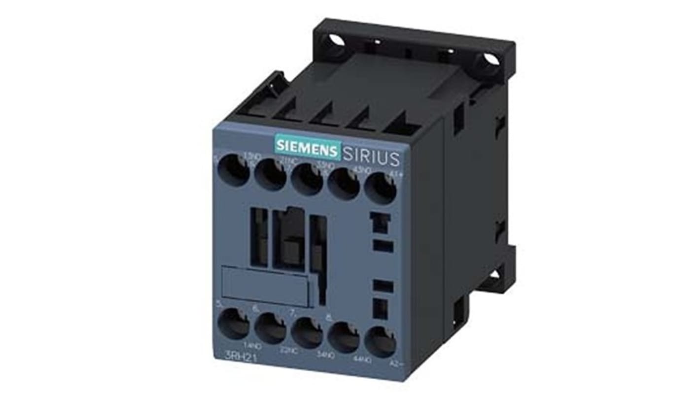 Relè contattore Siemens 3RH2131-1MB40-0KT0, 4 poli, 10 A, bobina 24 V c.c., montaggio su guida DIN, protezione IP20.