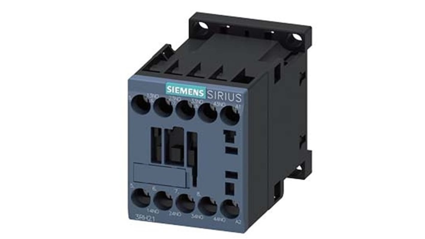 Relè contattore Siemens 3RH2140-1AN00, 4 poli, 10 A, bobina 220 V CA, montaggio su guida DIN 35 mm, protezione IP20.