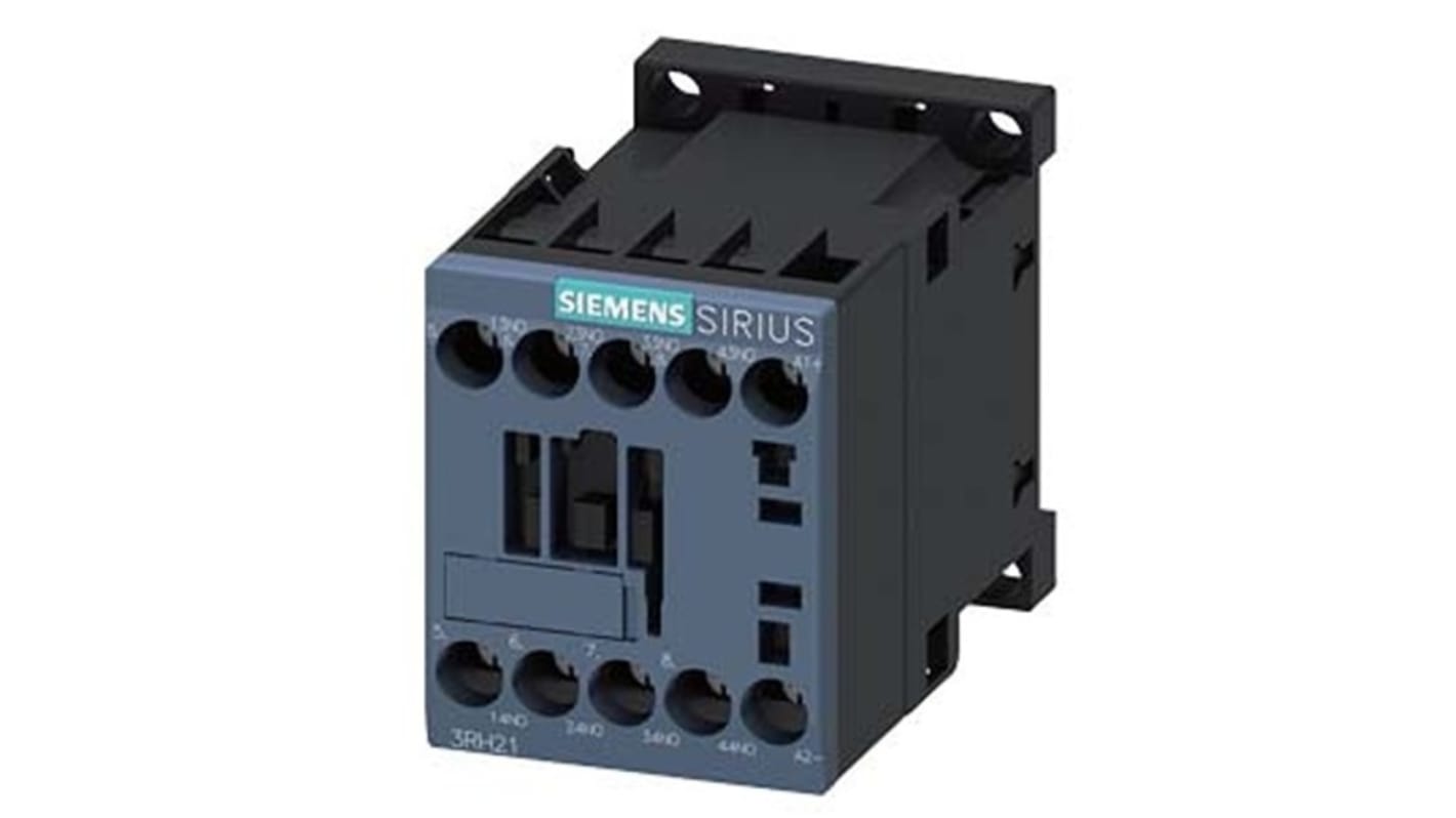 Relè contattore Siemens 3RH2140-1BP40, 4 poli, 10 A, bobina 230 V CC, montaggio su guida DIN, protezione IP20.