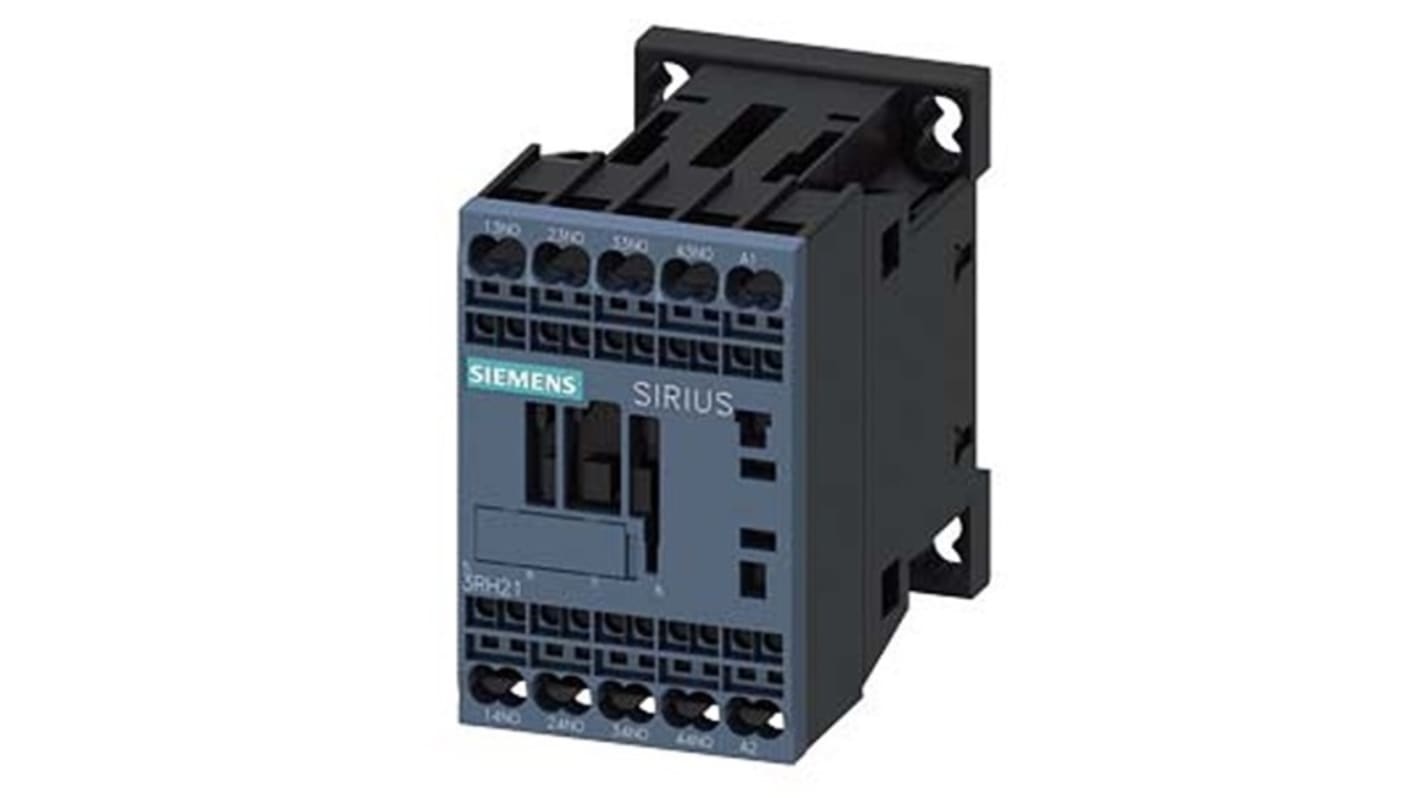 Relè contattore Siemens 3RH2140-2AN20, 4 poli, 10 A, bobina 220 V CA, montaggio su guida DIN, protezione IP20.