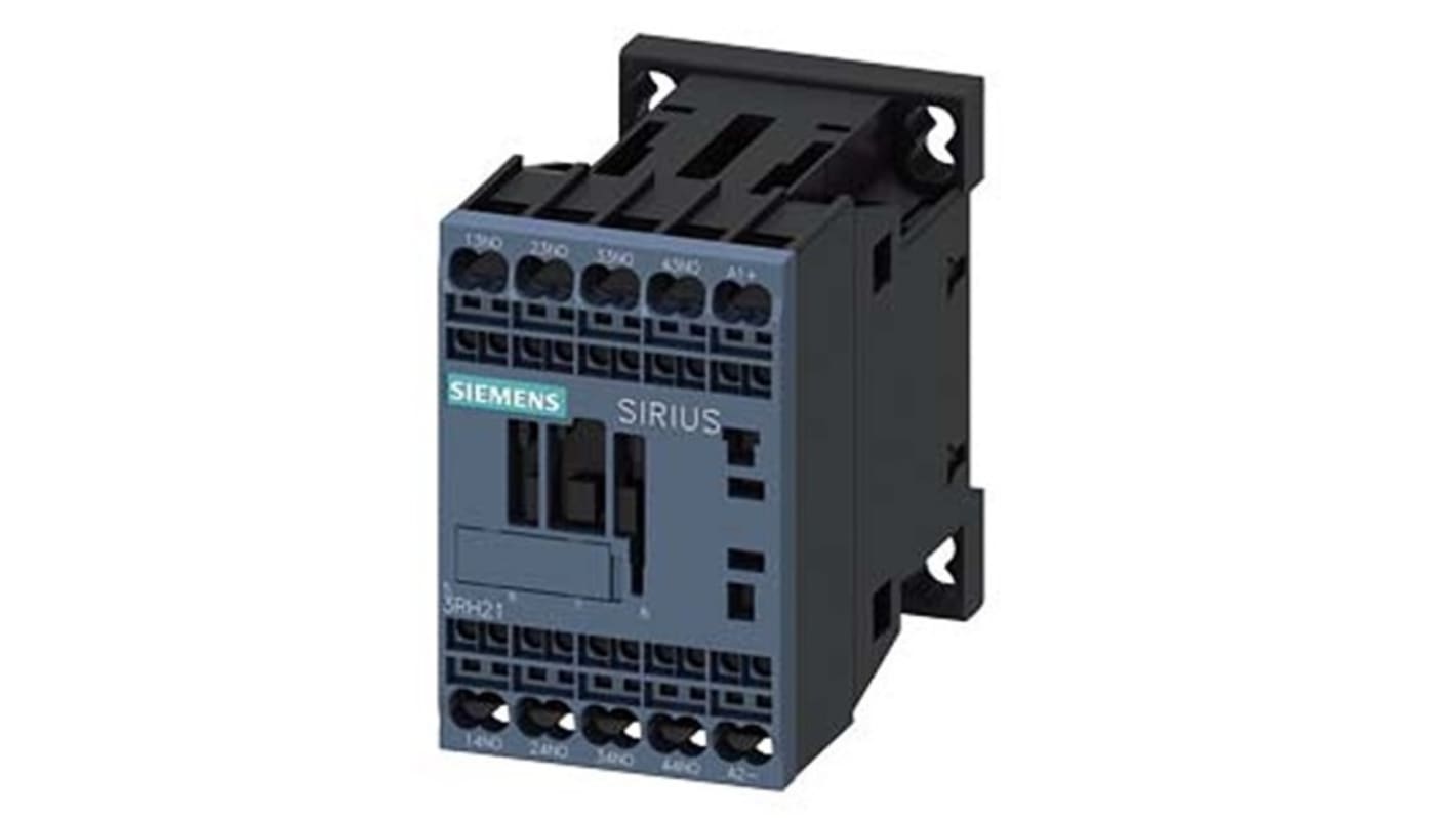 Relè contattore Siemens 3RH2140-2BM40-1AA0, 4 poli, 10 A, bobina 220 V CC, montaggio su guida DIN, protezione IP20.