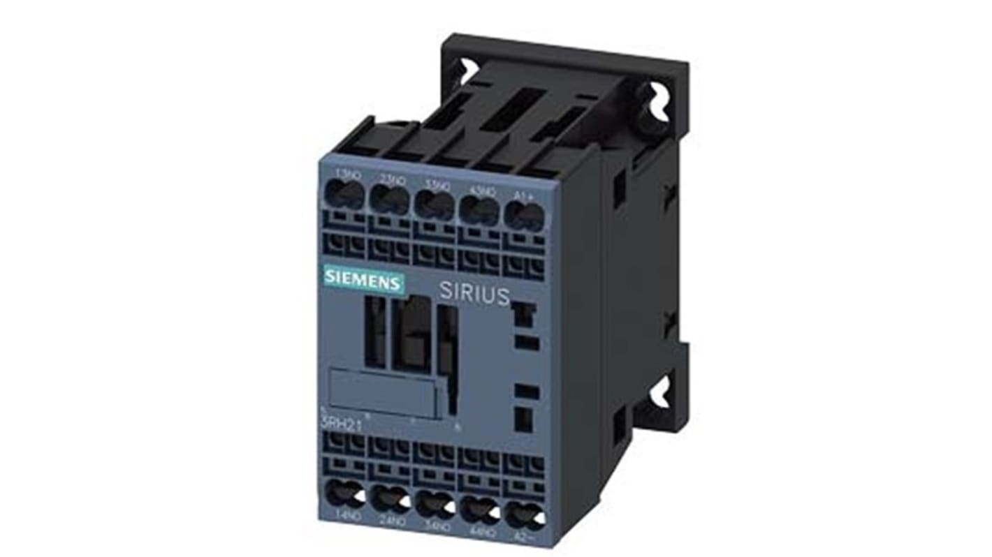 Relè contattore Siemens 3RH2140-2BW40, 4 poli, 10 A, bobina 48 V CC, montaggio su guida DIN, protezione IP20.