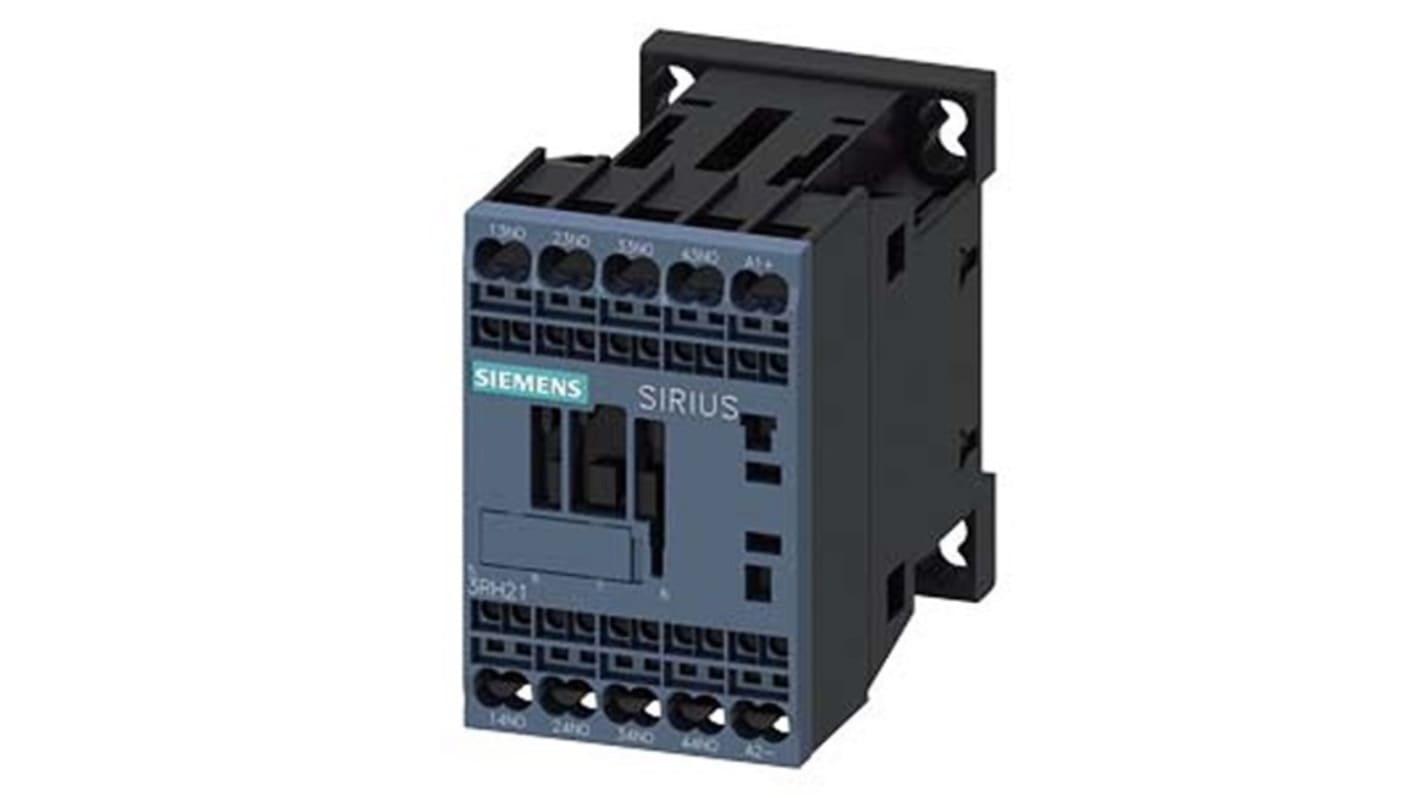 Relè contattore Siemens 3RH2140-2MB40-0KT0, 4 poli, 10 A, bobina 24 V c.c., montaggio su guida DIN 35 mm.