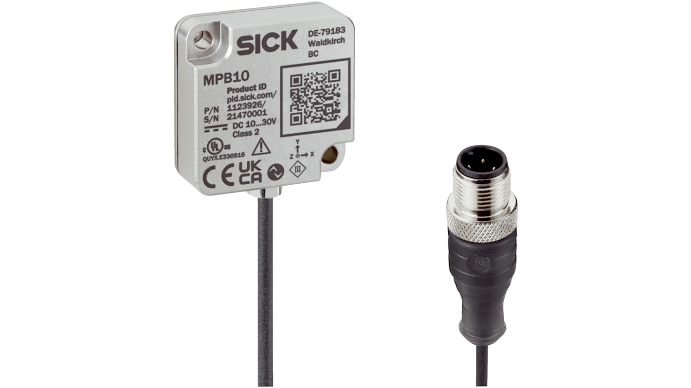 Sick MPB10-VS00VSIQ00, sensore 3 assi per monitoraggio produzione, IP68, interfaccia IO-Link, montaggio a vite diretto.
