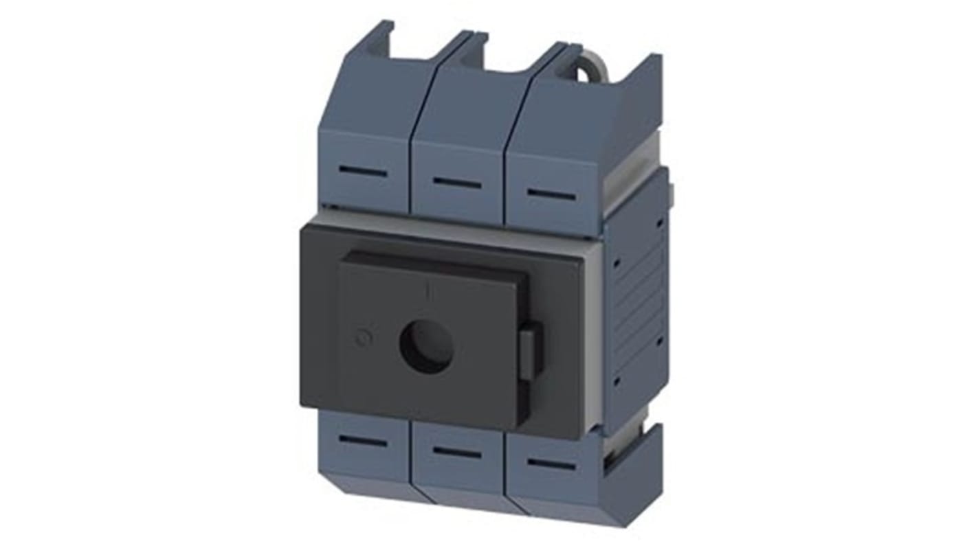 Sezionatore interruttore Siemens 3 poli, 63A, montaggio su guida DIN, protezione IP10, potenza 15kW, senza maniglia.