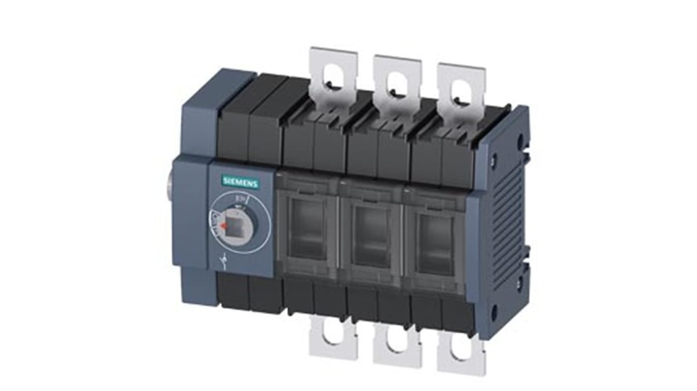 Sezionatore con interruttore Siemens 3 poli, corrente 200A, montaggio su guida DIN, protezione IP20, potenza 110kW.
