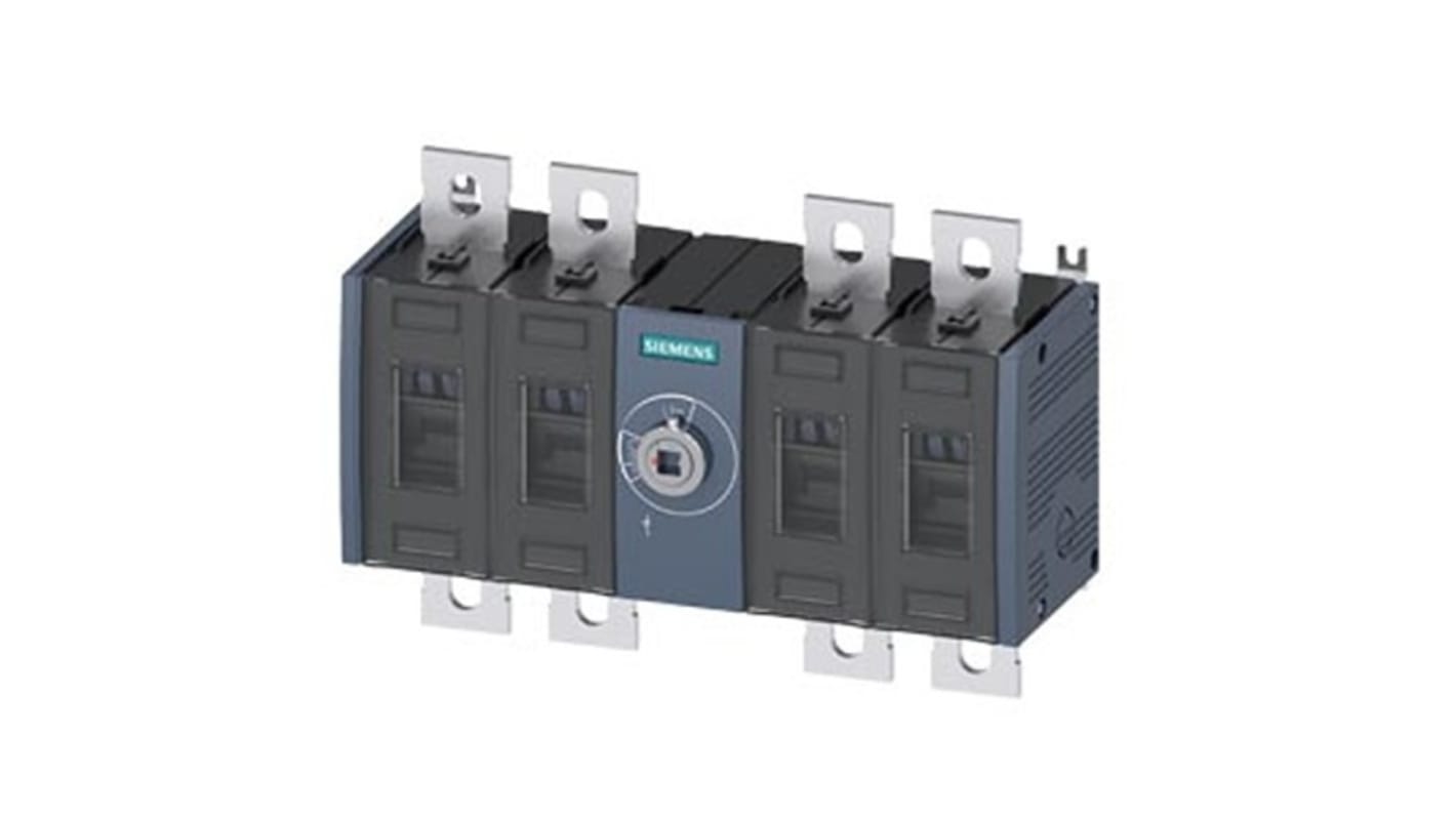 Sezionatore interruttore fisso Siemens 4 poli, corrente massima 500A, protezione IP20, unità completa senza maniglia.