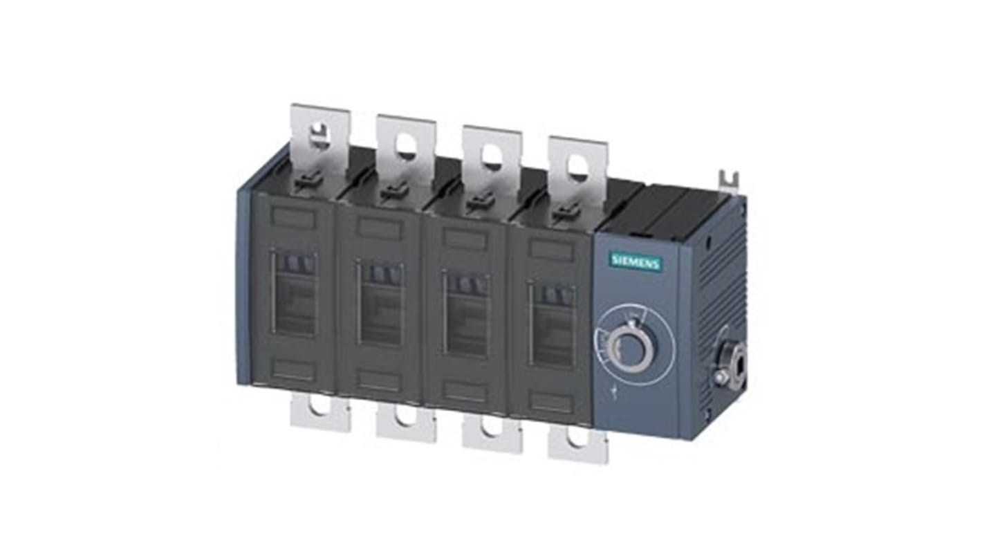 Sezionatore interruttore Siemens 4 poli, corrente massima 500A, tipo fisso, protezione IP20, azionamento laterale.
