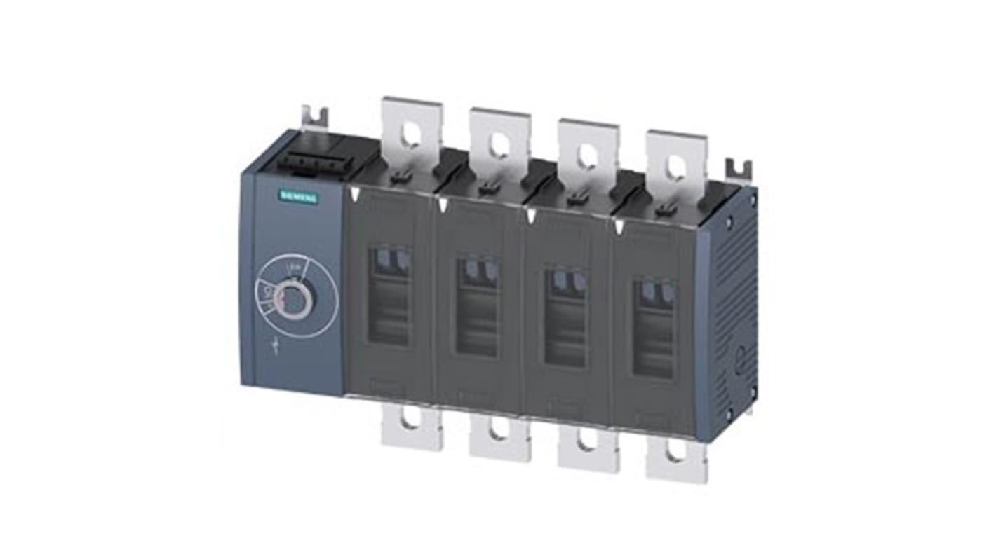 Sezionatore interruttore fisso Siemens 3KD4444-0QE10-0, 4 poli, corrente massima 500A, protezione IP20, azionamento laterale.