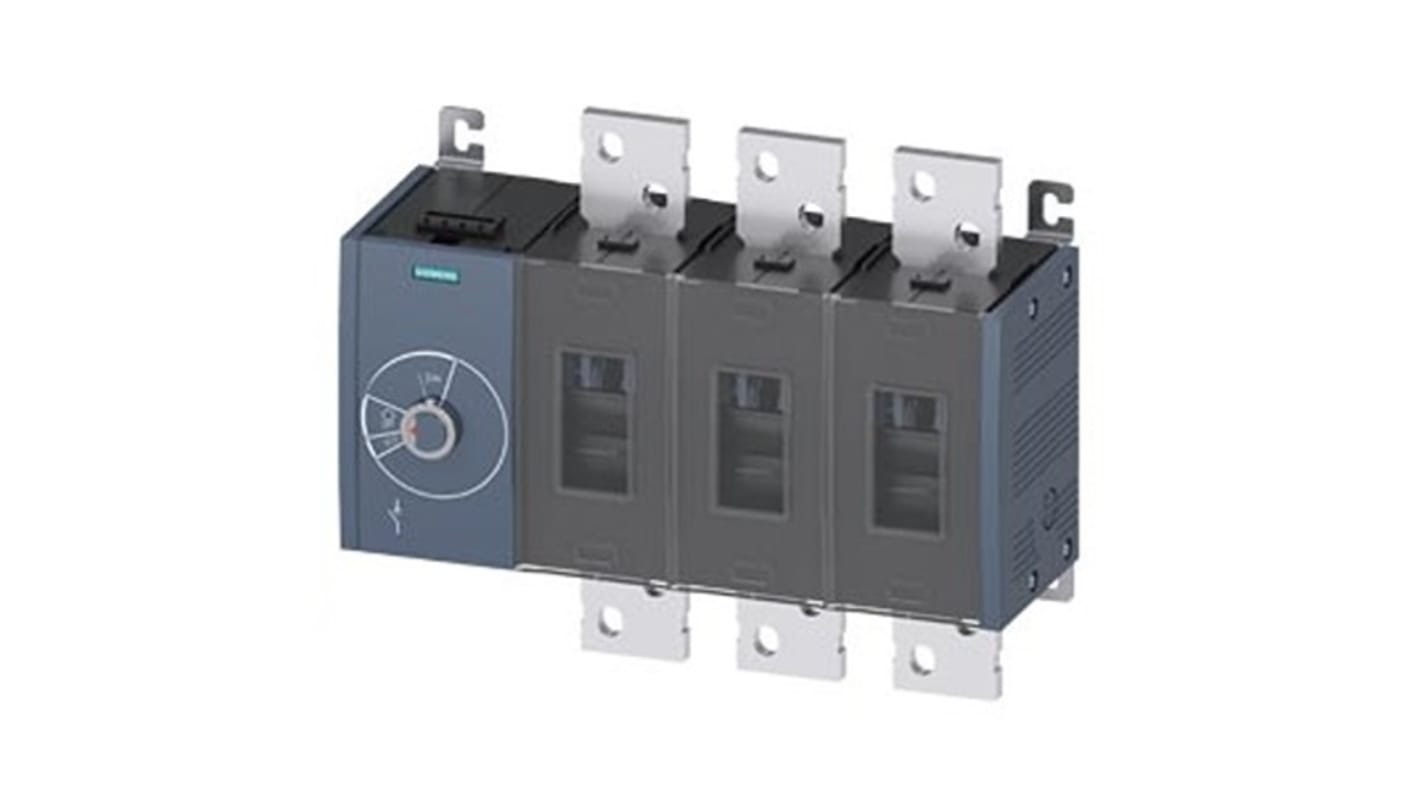 Sezionatore interruttore fisso Siemens 3 poli, corrente massima 1000A, protezione IP20, azionamento laterale sinistro.