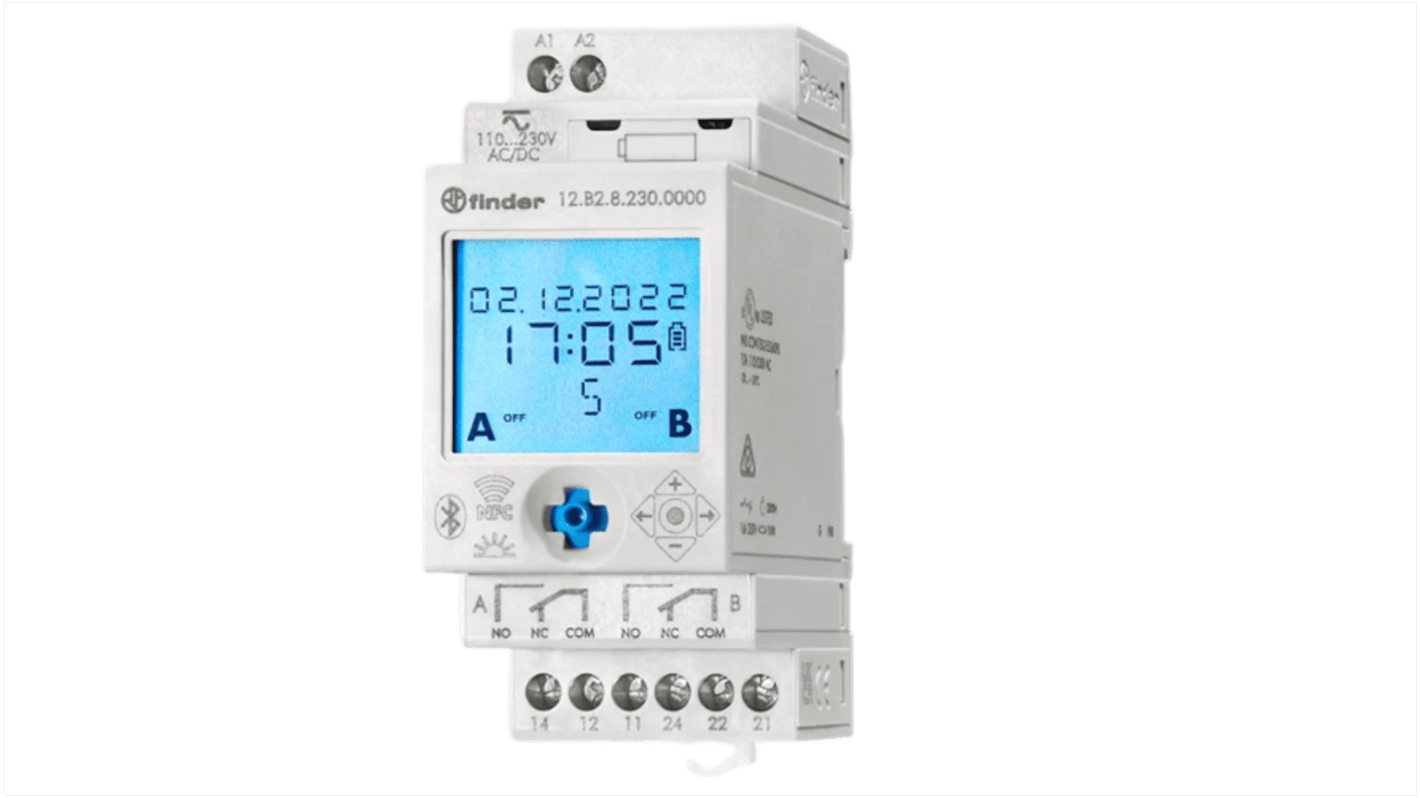 Temporizzatore digitale Finder 12.B2.8.230.0000, alimentazione 110-230 V, per applicazioni industriali.