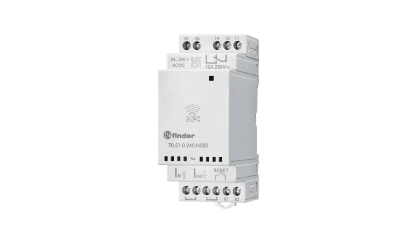 Finder 70.51.0.240.N032, relè di monitoraggio NFC per corrente, montaggio su guida DIN, rilevamento di sovra e sottocorrente.