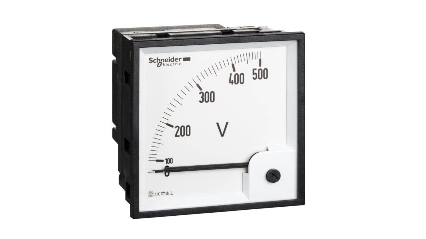 Voltmetro analogico Schneider Electric 16075, display quadrante 96x96 mm, misurazione 0-500 V, classe di precisione 1,5.