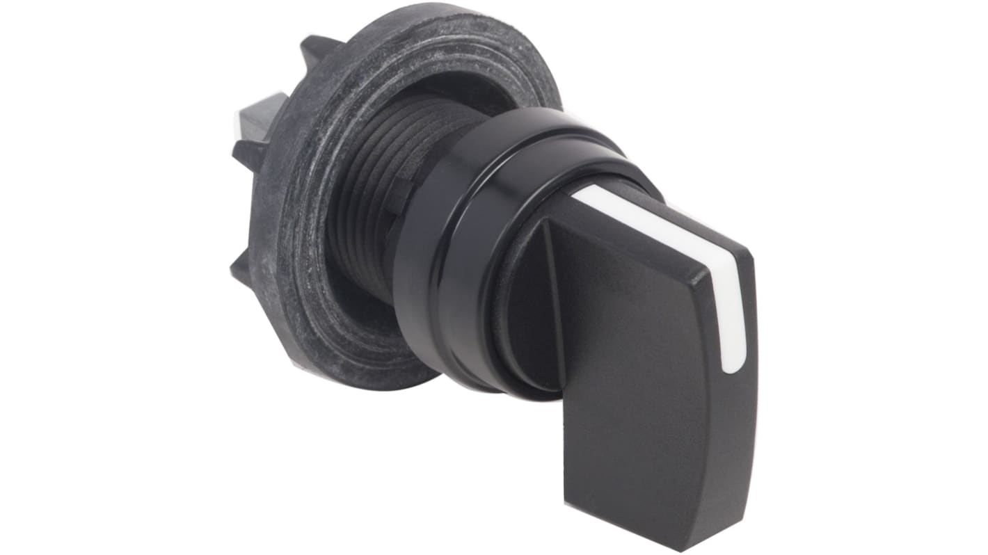 Manopola nera per interruttori a camme Schneider Electric KAA1H, diametro 29 mm, altezza 38 mm, grado di protezione IP65.