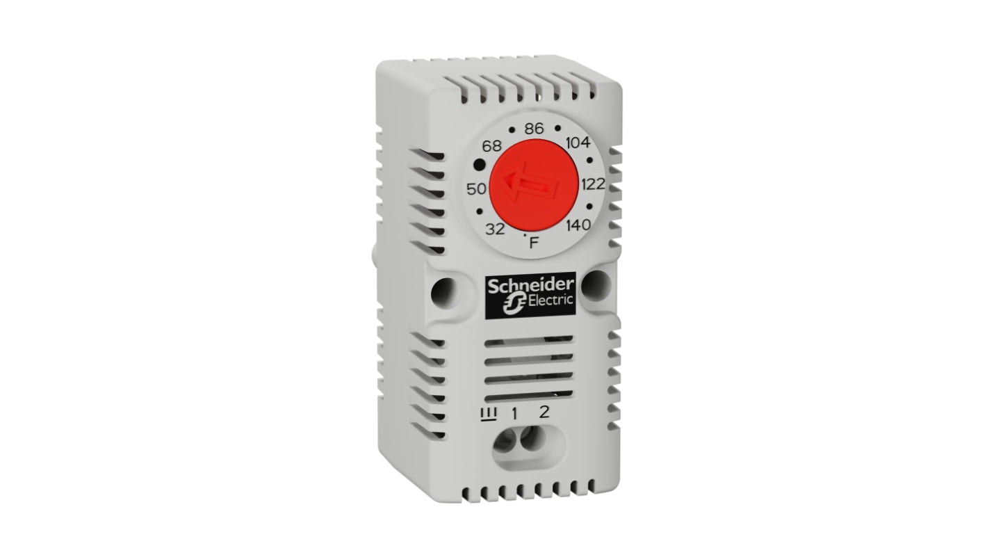 Termostato Schneider Electric NSYCCOTHCF per montaggio su guida DIN, operante tra 32°F e 140°F, per applicazioni industriali.