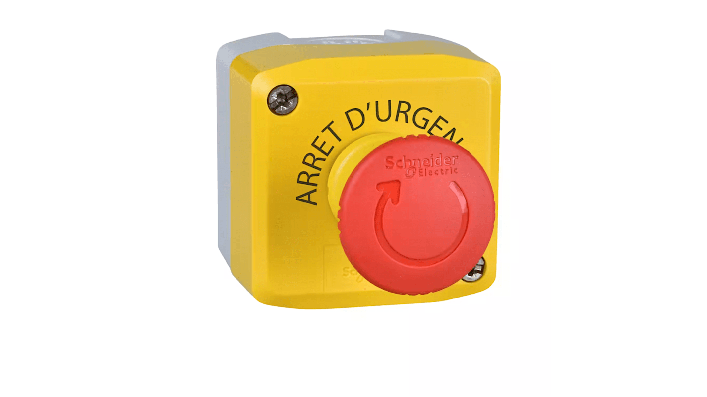 Pulsante di arresto di emergenza Schneider Electric XALK1781H29, testa rossa da 40 mm, custodia gialla, grado di protezione IP66.
