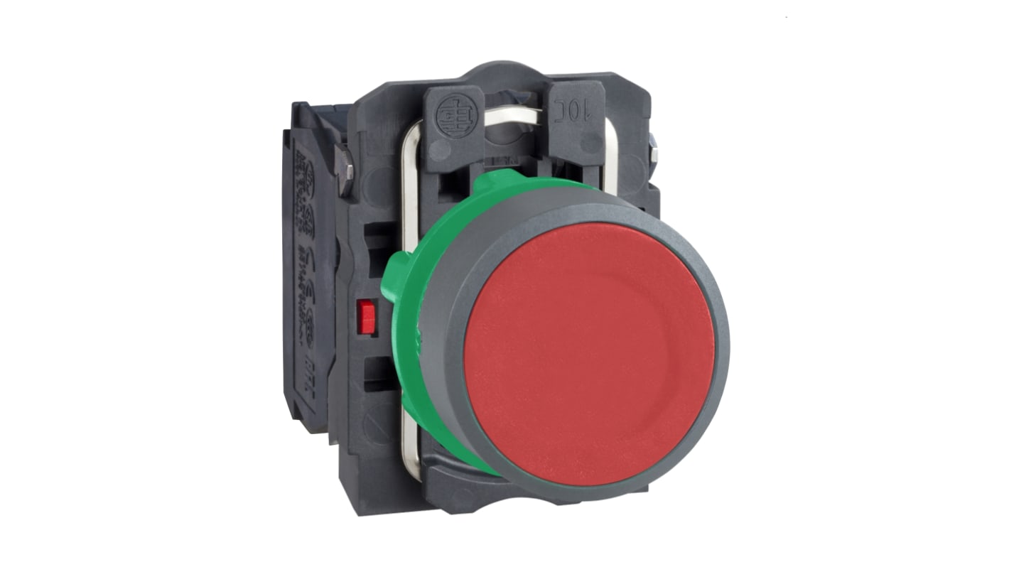 Pulsante rotondo Schneider Electric XB5AA45C0, 1 NO + 1 NC, rosso, IP66/IP67, diametro foratura 22 mm, tensione 600V.