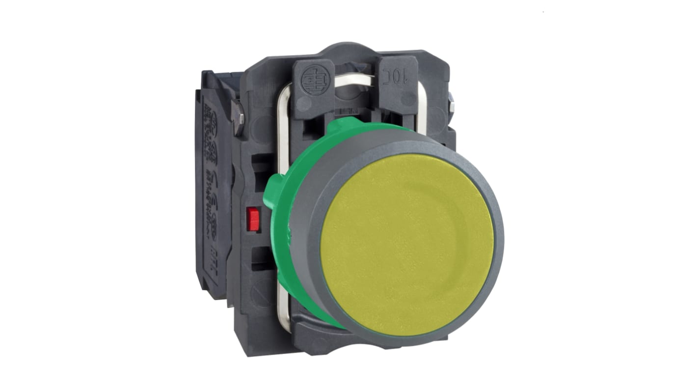 Pulsante Schneider Electric XB5AA55C0 SPDT giallo, montaggio da 22 mm, grado di protezione IP66/IP67, meccanismo a molla.