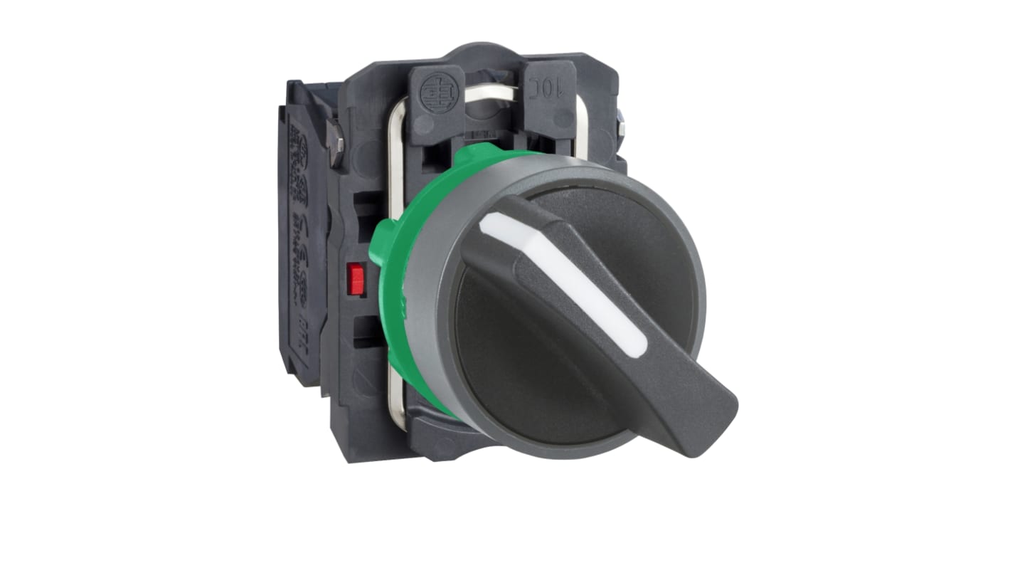 Selettore a 2 posizioni Schneider Electric XB5AD25C0, diametro foro 22mm, IP67, resistente a polvere e umidità.