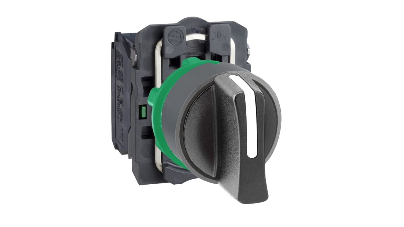 Selettore a 3 posizioni Schneider Electric XB5AD53C0, diametro foro 22mm, protezione IP67, resistente a polvere e vibrazioni.