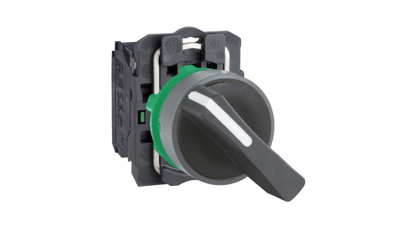Selettore a 2 posizioni Schneider Electric, diametro foro 22 mm, cornice grigia, impugnatura lunga nera, grado di protezione IP67.