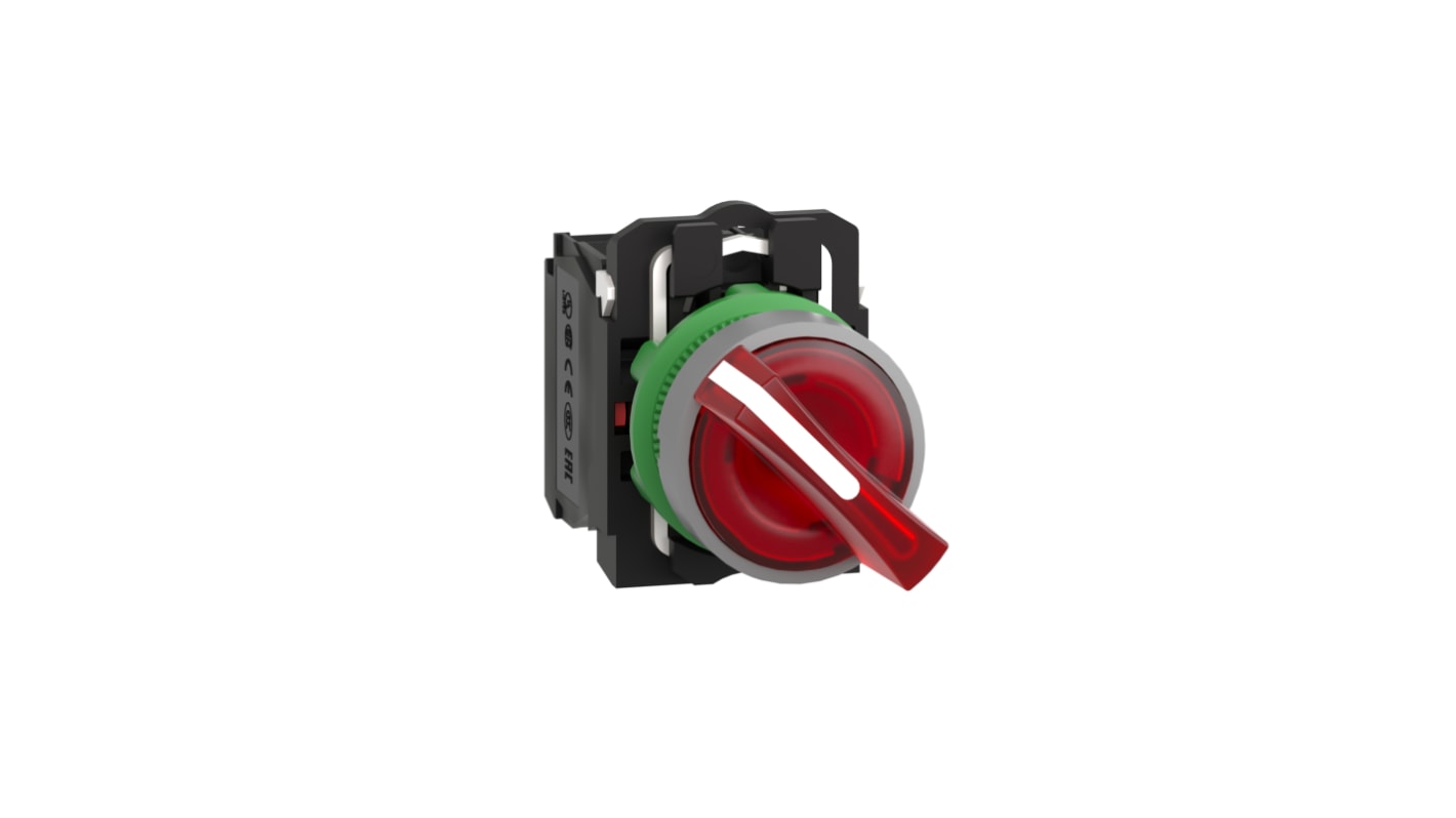 Selettore a 2 posizioni Schneider Electric XB5AK124G5C0, diametro foro 22 mm, cornice grigia e impugnatura rossa, grado di protezione IP66/IP67.