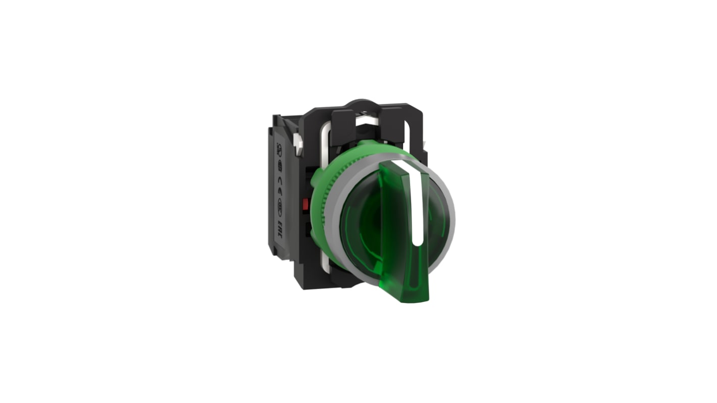 Selettore a 3 posizioni Schneider Electric XB5AK133G5C0, diametro foro 22 mm, manico verde, grado di protezione IP66/IP67.