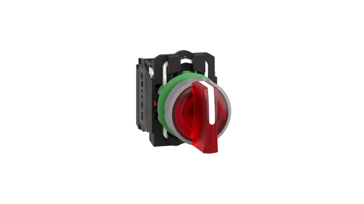 Selettore a 3 posizioni Schneider Electric XB5AK134M5C0, con cornice grigia e impugnatura rossa, grado di protezione IP66/IP67.