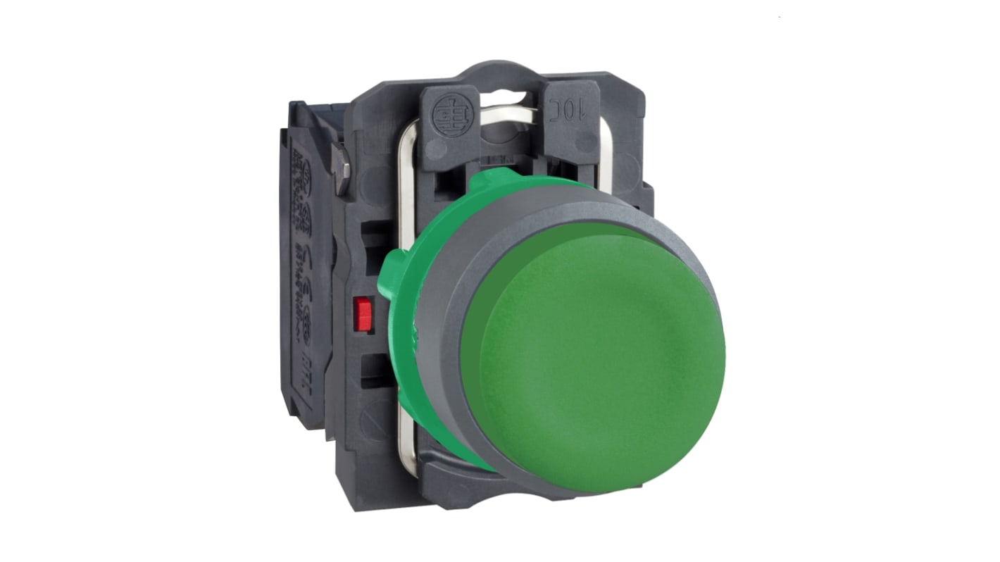 Pulsante Schneider Electric XB5AP31C0 verde, 1 contatto NO, IP66/IP67, diametro foratura 22 mm, tensione 600V.