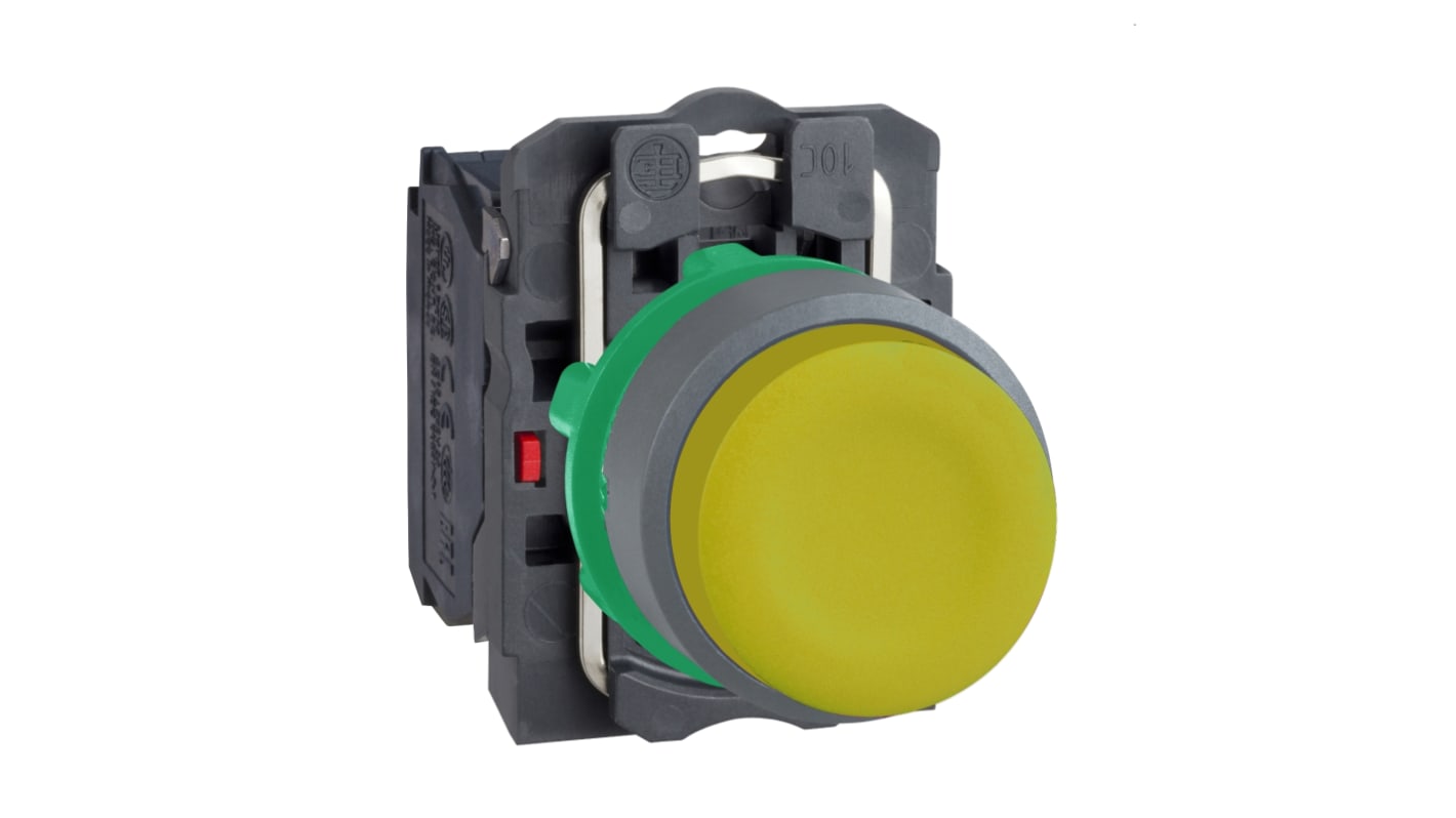 Pulsante Schneider Electric XB5AP51C0, rotondo, 1 contatto NO, montaggio 22 mm, giallo con cornice grigia, IP66/IP67.
