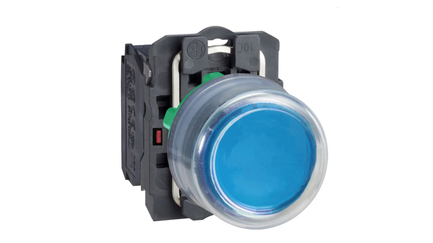 Pulsante Schneider Electric XB5AP61C0, rotondo, 1 contatto NO, diametro 22 mm, blu, IP66/IP67, per montaggio su pannello.