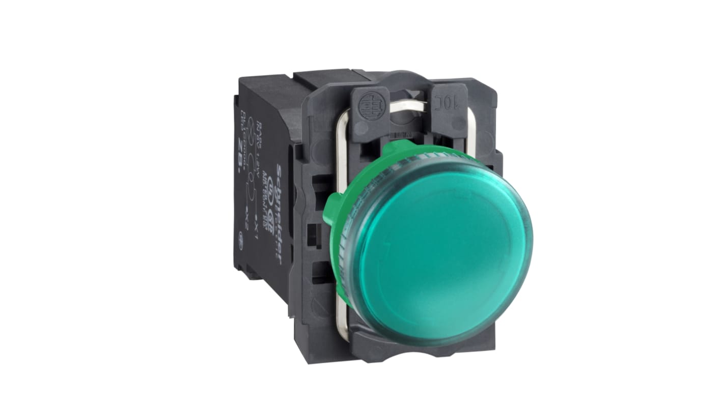 Spia incandescente verde Schneider Electric, montaggio a filo, diametro foro 22mm, tensione 230-240V, grado di protezione IP66.