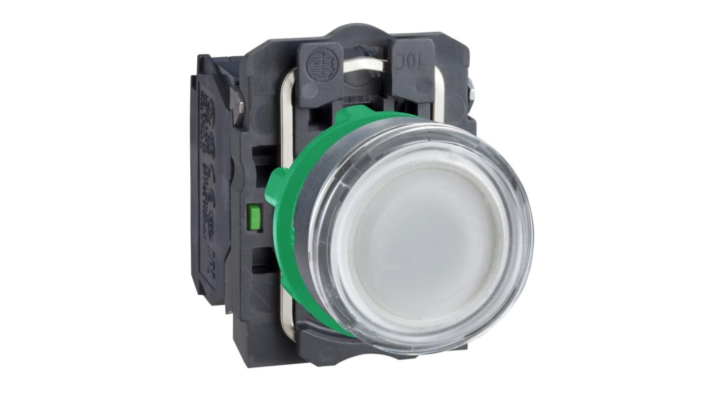 Pulsante luminoso Schneider Electric, 22 mm, 1 NO + 1 NC, protezione IP66/IP67/IP69, colore bianco, meccanismo a molla.