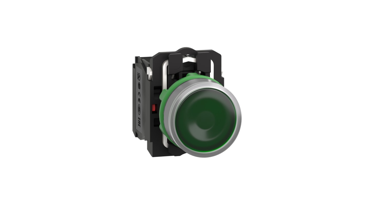 Pulsante illuminato Schneider Electric, SPDT, montaggio 22 mm, cornice grigia, verde, IP66/IP67, 220-240V, 10 milioni di cicli.