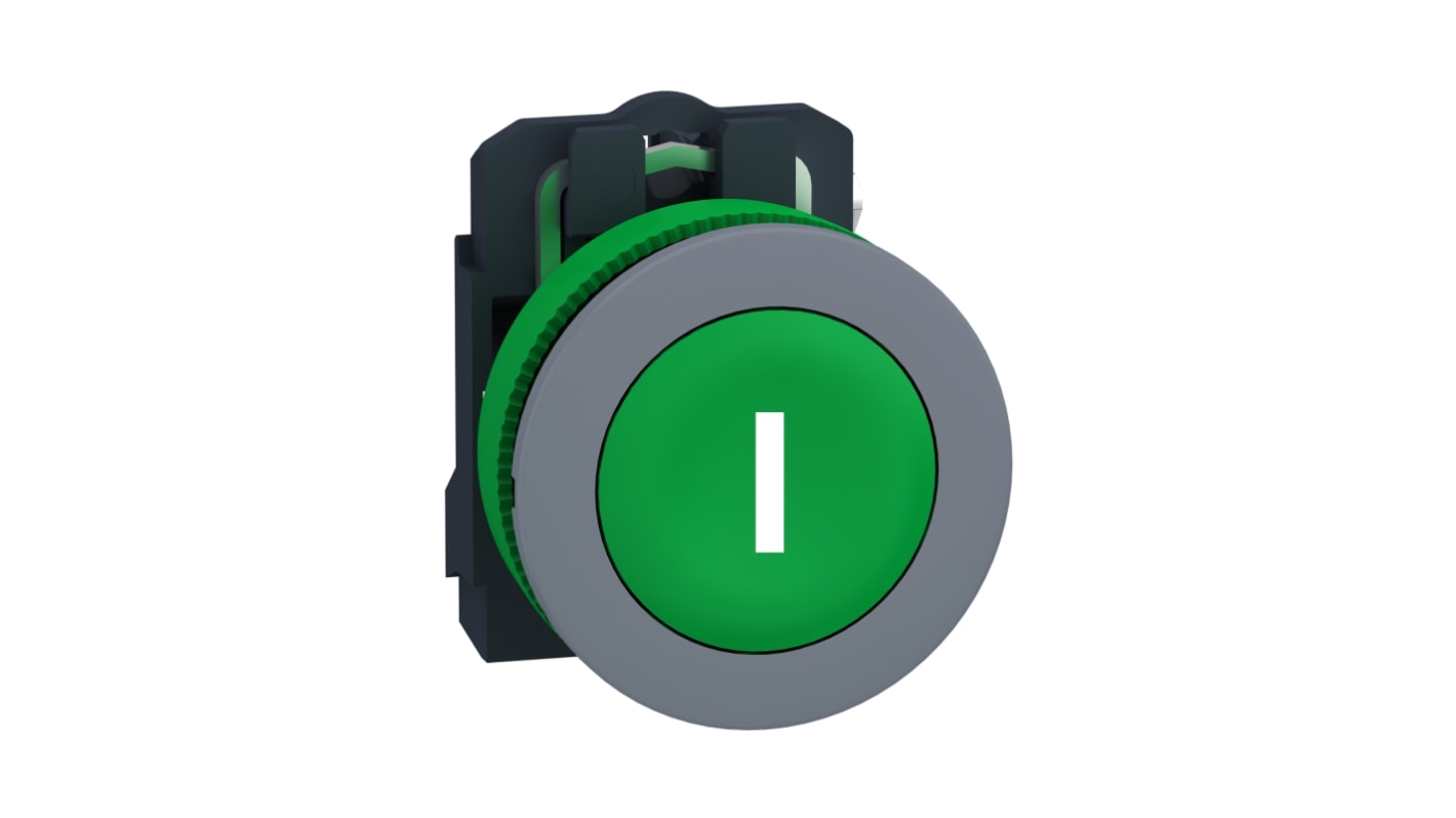 Pulsante Schneider Electric XB5, 1 contatto NO, montaggio 30 mm, verde, cornice grigia, IP66/IP67, 600V, conforme RoHS.