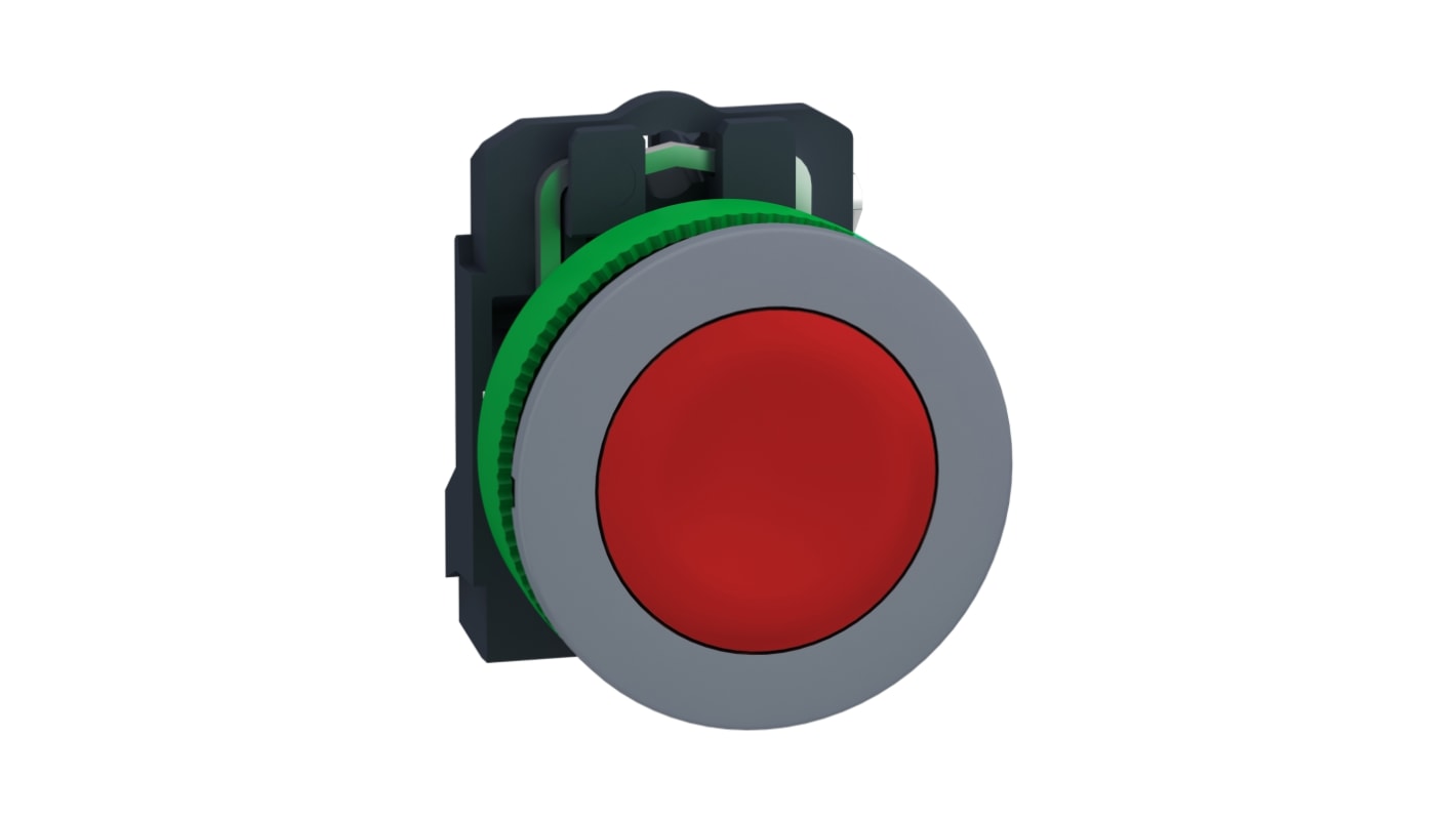 Pulsante rotondo Schneider Electric XB5FA42C0, 1 NC, IP66/IP67, diametro 22 mm, rosso, cornice grigia antimicrobica.