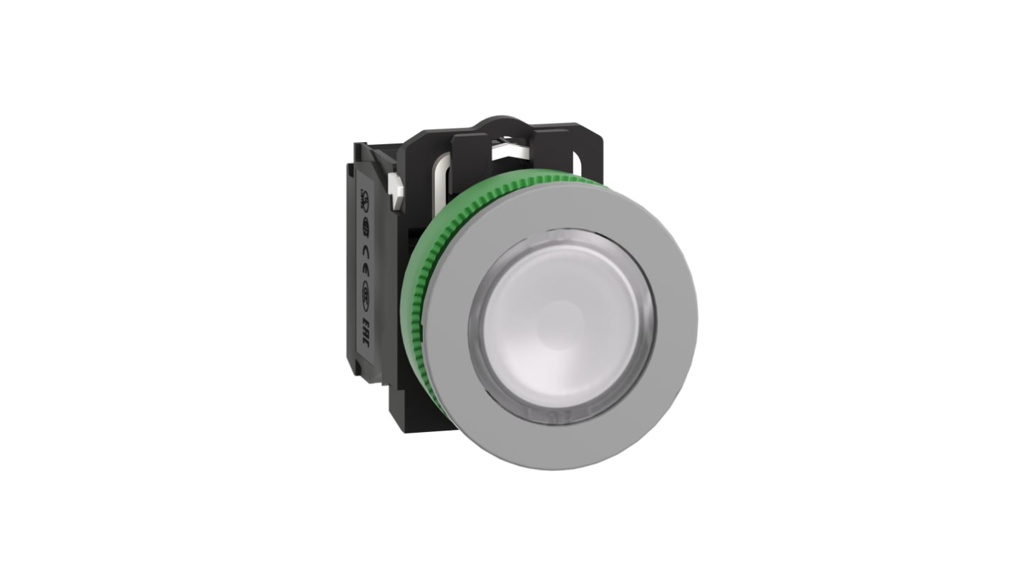 Pulsante illuminato Schneider Electric XB5, contatto SPDT, diametro 22mm, protezione IP66/IP67, temperatura -40 a 70°C.