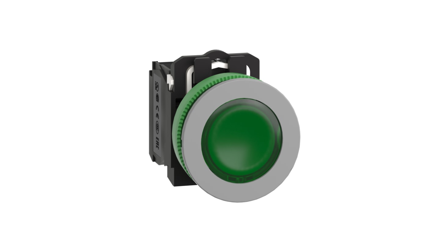 Pulsante SPDT luminoso Schneider Electric, montaggio a pannello, diametro 30,5 mm, tensione 230 V, colore verde.